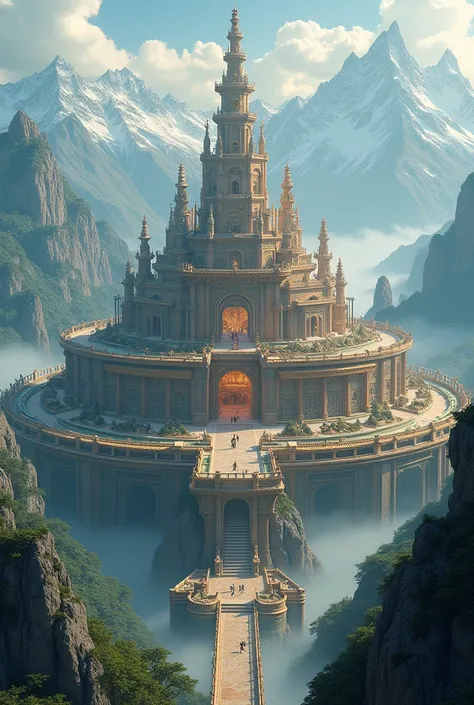 Imagine large fantasy city,modern xianxia fantasy,circle shape city, surrounded by mountains,sky perspective, real fantasy aura,super ultra detailed city,ultra panorama,24K ultra hd,super quality, masterpiece 