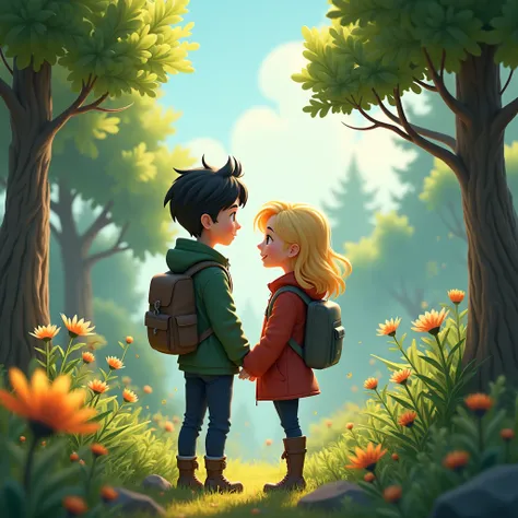 couple in outdoor, black hair male, blonde hair female, jacket and backpack, nature theme, 3d cartoon, fantasy art, a text written "BRE & NDA", masterpiece, high definition, extreme detail, cinematic lighting, 4K