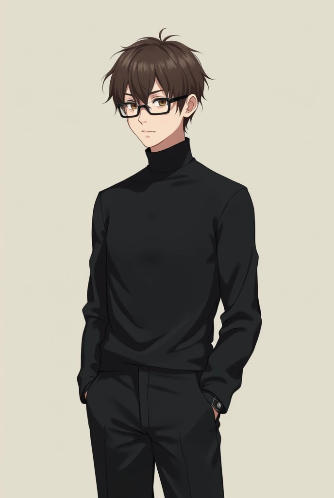 Man with brown hair, black square glasses black outfit nerd anime style