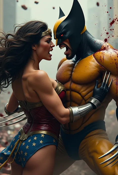 "Create an ultra-high-quality, realistic close-up scene of Wolverine brutally overpowering Wonder Woman in a violent, intense battle. Wolverine, in his classic yellow and blue suit, is shown with bloodied claws, fiercely slashing through Wonder Womans armo...