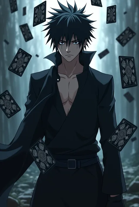 create a male anime character with appearance and clothes like sasuke uchiha, Akatsuki, your main weapon is the use of cards like the tulbacaim from hellsing - the hair should not be too long, your outfit should be minimalist - the cards should be black wi...