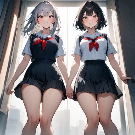 (2girls),adult,smile,school_uniform,White sailor,bareLegs,feet,medium hair.black hair,gray hair,black eyes,red eyes,medium_breasts,breasts,masterpiece, best quality, very aesthetic, absurdres,front View,(straight-on),side by side,light,dynamic angles,(mast...