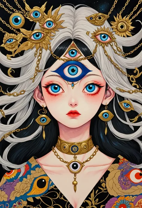 there is a big eye in the painting，there are chains around, japanese pop surrealism, japanese pop surrealism, dazzling, 清澈s eyes...