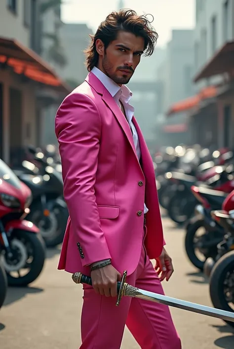 a dashing young man in a pink satin suit wielding a sharp, gleaming sword, motorbike parking background