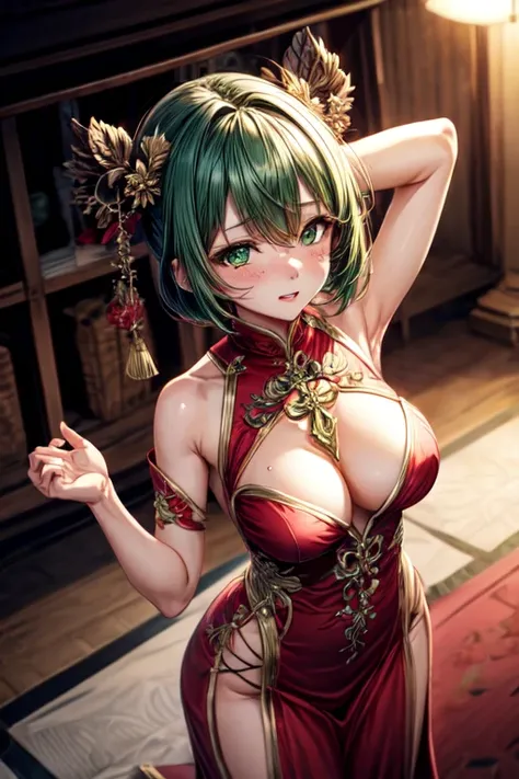 Highest quality、Highest Resolution、masterpiece、PRAYER、Tamaki、Short Bob、Green Hair、Green Eyes、Mole under the eye、Large and firm breasts、Put your hands behind your back、Sexy Costumes、Ao Dai、Depth of written boundary、Good composition、Good lighting、blush、Ahega...