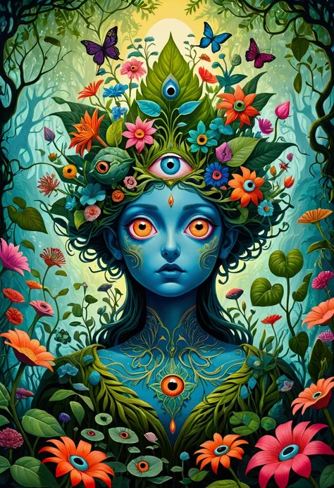 A painting，A flower with big eyes in the painting，Surrounded by plants, Surrealism inspired by Earnst Haeckel, tumblr, Psychedelic Art, Psychedelic surrealist art, The Holy Grail of Brain Tree Eyes, Shaman horror LSD art, Psychedelic illustration, Popular ...