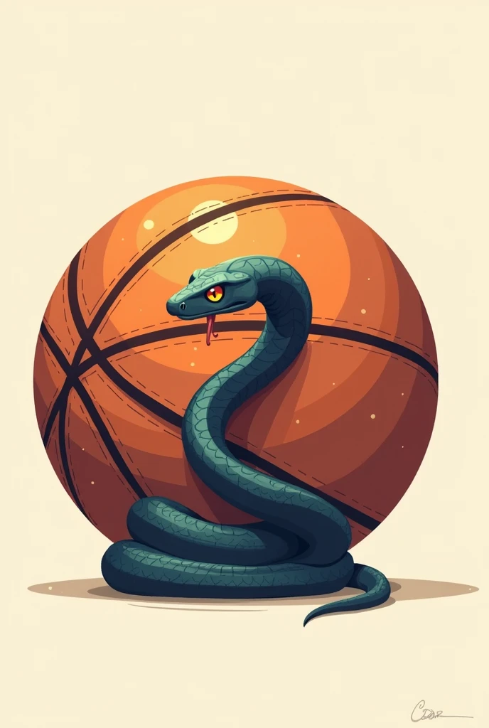 Drawing of a snake, rolled up, in a basketball, simple for a logo