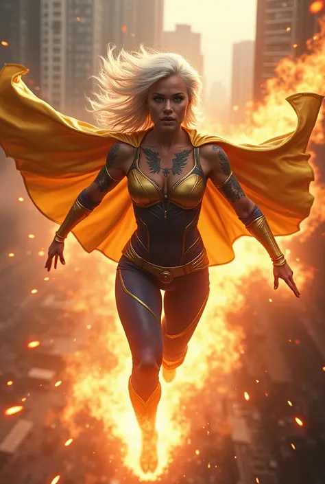 female superhero, tattooed, white hair, cape, gold blue super hero costume, blue skirt, flying heroically, cinematic shot, windy, heat vision, destruction, rage, heat vision projected from eyes, glowing eyes, shooting red hot laser beams from her eyes, sho...