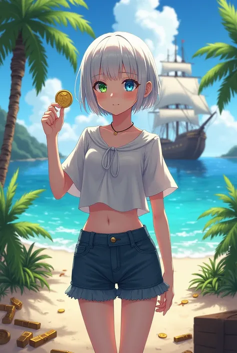 anime style, young adult woman, with blue right eye and green left eye, short white hair.
He has a gold doubloon in his hand.
It&#39;s on an island.
There is a pirate treasure on the ground. In the background there is a pirate ship..
during the day.