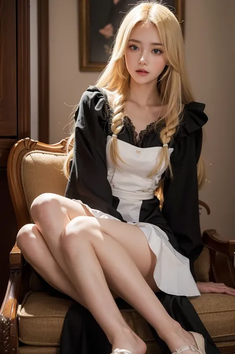 A beautiful young girl with long, messy blonde hair wearing a maid outfit, her breasts accentuated, and her skirt torn, revealing her inner splayed feet. She has a shy, ruddy expression on her face, her proportions perfectly balanced. The scene is rendered...