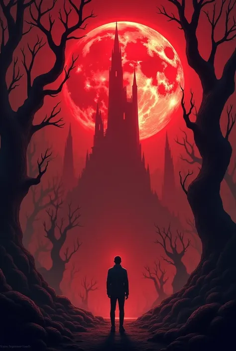 Another world a man looking at the giant red moon in sky and its radiating light on the large forest and trees. Make the trees look haunting and mutated