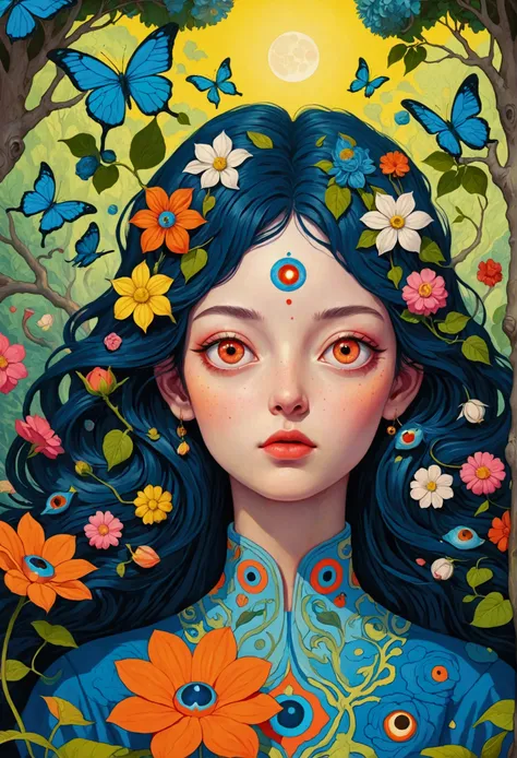 Close up of a poster with a flower and a tree, beeping sounds and james jean, Psychedelic illustration, 超realism design, psychedelic 超realism art, 超realism + Very detailed, The Holy Grail of Brain Tree Eyes, 超realism psychedelic design, realism | beeping s...