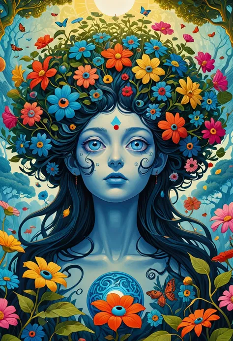 close up of a poster with a flower and a tree, beeping sounds and james jean, psychedelic illustration, 超realism design, psyched...