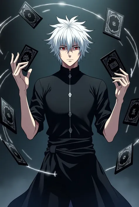 create a male anime character with appearance and clothes like sasuke uchiha, Akatsuki, your main weapon is the use of cards like the tulbacaim from hellsing - the hair should not be too long, your outfit should be minimalist - the cards should be black wi...