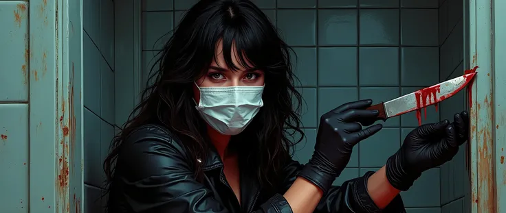 masterpiece, best quality, ultra detailed, disheveled hair, illustration, high saturation, colorful splashes, Italian girl, black gloves, surgical mask, holding knife, stabbing, blood, dark room , black raincoat, holding knife, behind , blood splatter, vic...