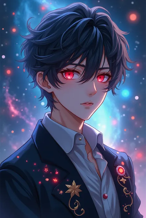 Anime boy over 17 male gender made by the galaxy with red eyes