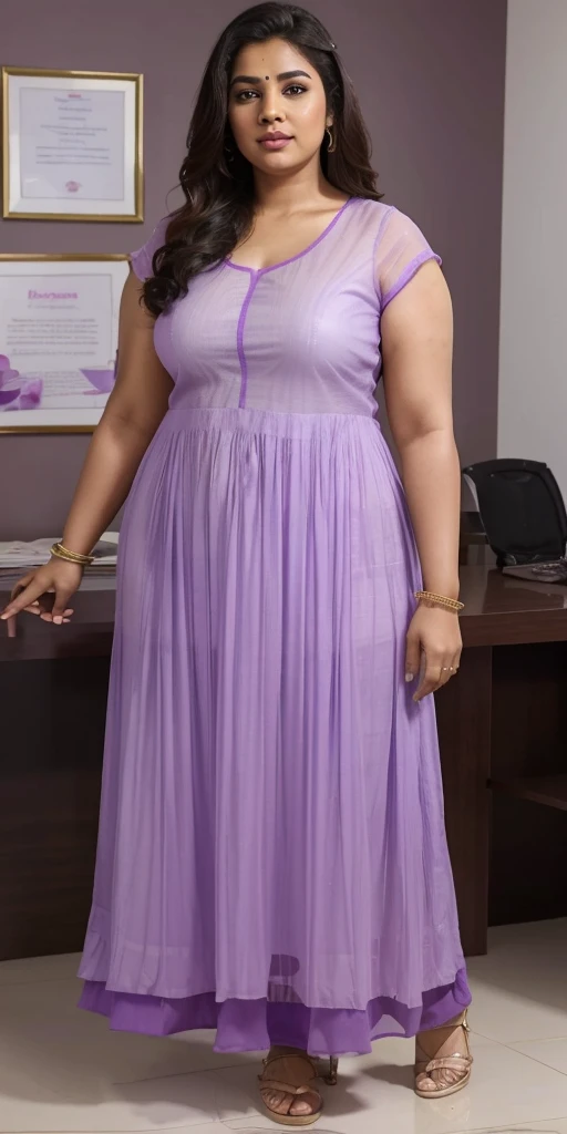 Day scene, A radiant, full-figured South Indian 3 aunty a light purple colour chiffon fully transparent kurta, bra visible through kurta, ,standing, in a office captured in a full-body image with vibrant hues and meticulous details. Full body image