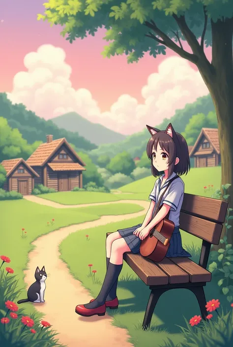 A anime character girl  sitting on a bench roadside , some wood house , a guiter , a cat sat, one pink sky, red flower, 