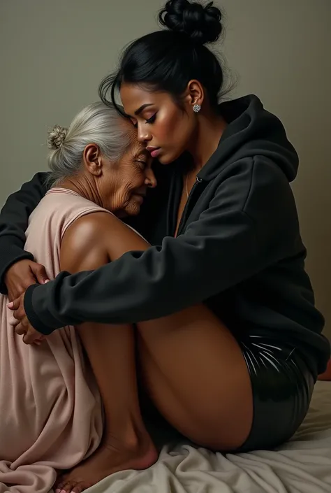 black woman hair in a bun black hoodie black leather short shorts a old grandma in a dress in between her legs kissing her pussy