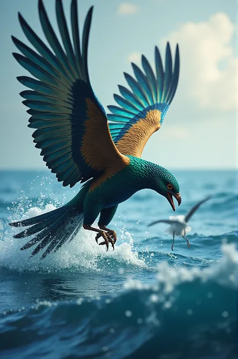 The bird jumping into the sea was caught by the bird which looks very beautiful