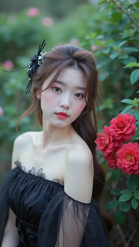 A cute Korean look with cute hairstyles in black gown 