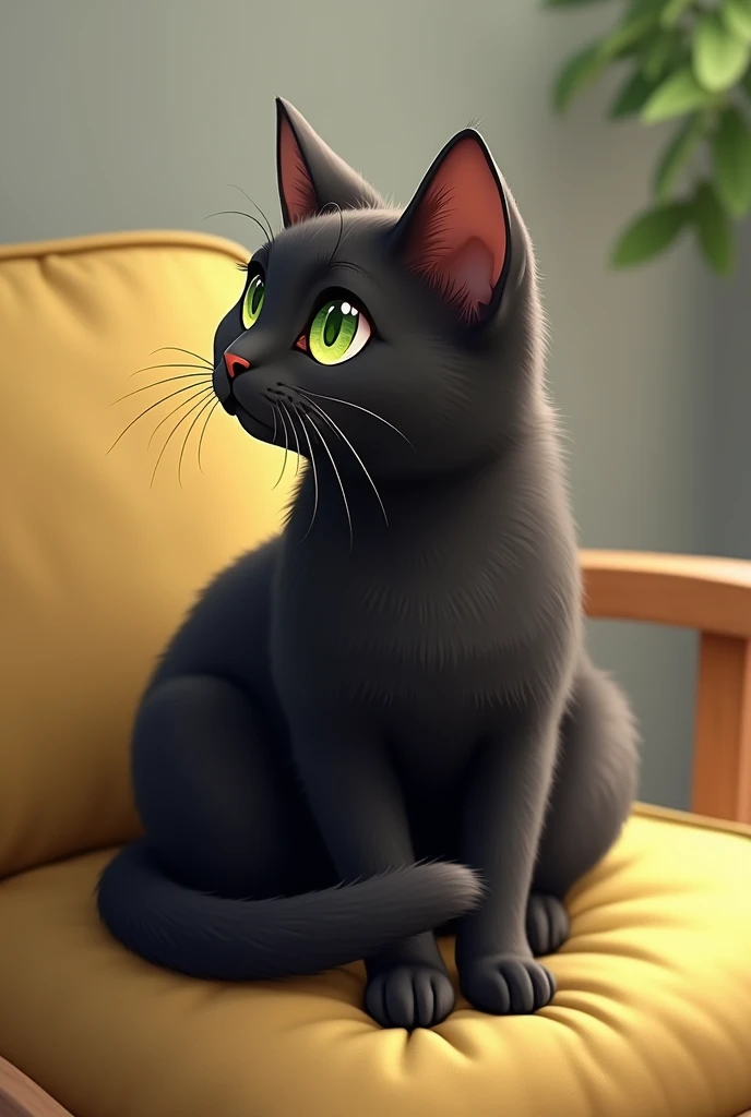 Mify is a black cat with tabby stripes.The orbs of his eyes are a beautiful emerald green.The pupils are beautiful amber.The part from his ears to his eyes.The hair there is very sparse.This is his characteristic. Mify sits on the light yellow cushion in a...