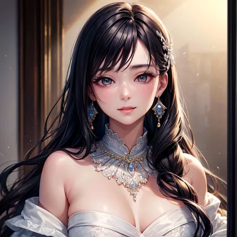 最high quality, masterpiece, High resolution, One person, transparent silk china dress, Beautiful Face, hair ornaments, View your viewers, smile, Mouth closed,lips, dress,hair ornaments, necklace, jewelry, Long Hair, Earrings, Beautiful Face,On top of that_...