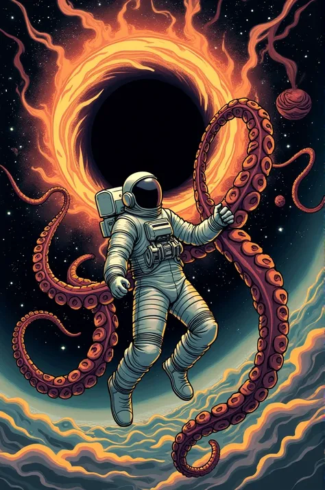 Tattoo drawing of an astronaut being pulled by the tentacles of an octopus through a black hole 