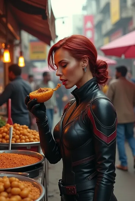 Black widow eating golgappa on road side stall in india