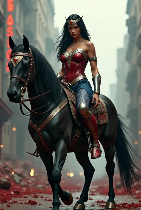 A beautiful woman Adriana Lima under the mantle of the Amazon warrior Wonder Woman red corset and navy blue pants with scales diaema in silver metal with a red star on her forehead long red boots up to her knees is a beautiful woman (((((is on a black hors...