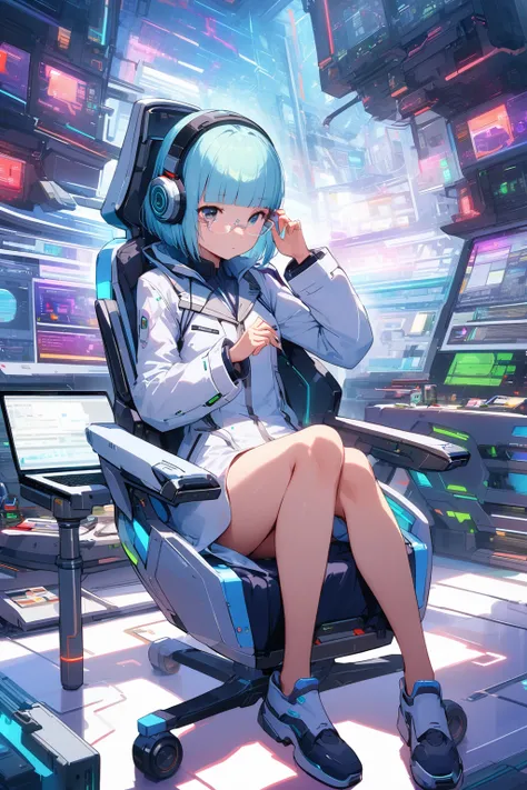 (extremely detailed fine touch:1.3), Vibrant colors, Soft tones, With warm and gentle lighting, girl, solo, (((silver semi-rimless eyewear:1.3))), (headphone:1.0), short hair, blunt bangs, full body, sitting Futuristic floating chair, Laptop resting on thi...