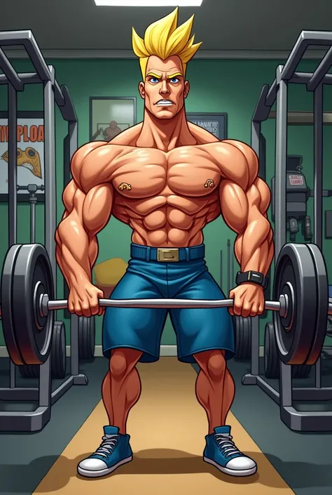 Johnny Bravo, cartoon, Doing intense exercise in a weightlifting gym
