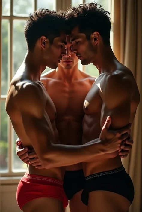 a young indian boy, 2 boys in black and red color underwear, detailed facial features, beautiful eyes, detailed lips, detailed skin, muscular bodies, sensual poses, intimate moment, chiaroscuro lighting, cinematic composition, dramatic shadows, moody atmos...