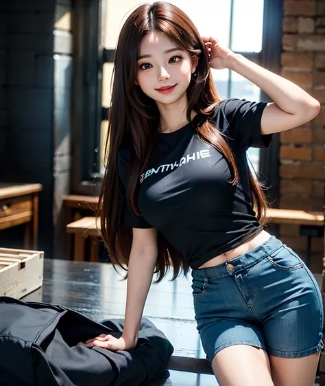 Masterpiece, high detailed, realistic, ultra realistic, ((hyper realistic)), woman with long hair, brown hair color, ((black t shirt / blue short pant)), smile, 16k,