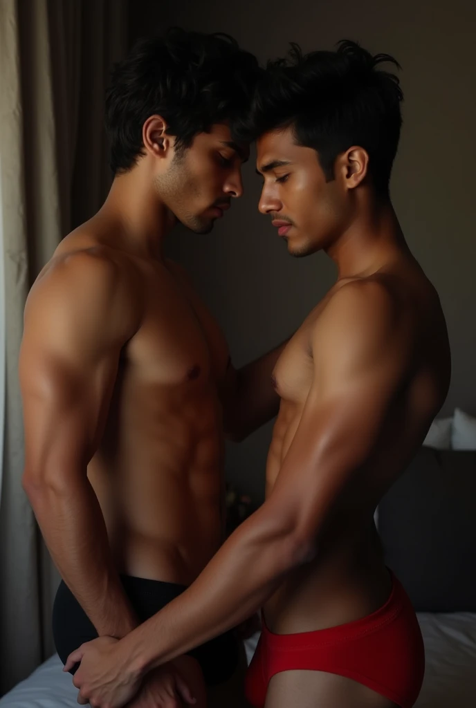 a young indian boy, 2 boys in black and red color underwear, detailed facial features, beautiful eyes, detailed lips, detailed skin, muscular bodies, sensual poses, intimate moment, chiaroscuro lighting, cinematic composition, dramatic shadows, moody atmos...