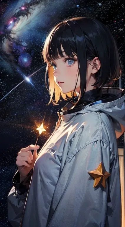 add_detail:1, starlight, stars, holding stars, glowing, space, 🌌, 1girl, young girl, curious expression, short hair, flowing hair, bangs, colorful detailed eyes