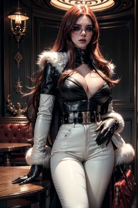 [cowboy shot], a beautiful young woman with long red hair, detailed facial features, ((wearing high quality high waist black leather pants)), ((formal white colored top with cleavage and long sleeves)), ((a white fur coat on shoulders)), ((luxury waist bel...