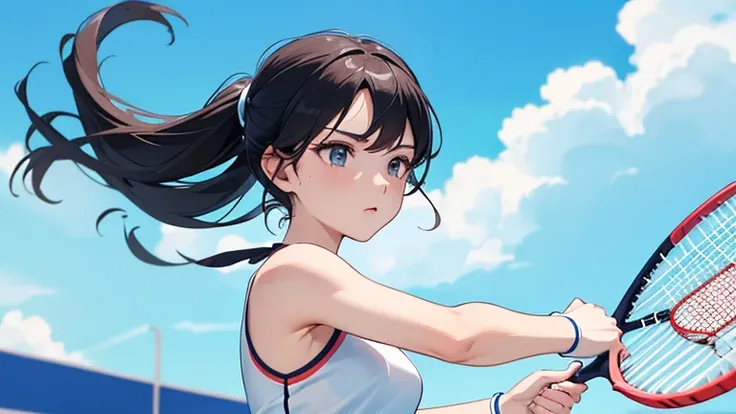 On the tennis court、Please draw an illustration of a woman holding a tennis racket and powerfully serving the ball.。The woman has a concentrated expression、It shows dynamic movement.。The background features a blue sky and court lines.。