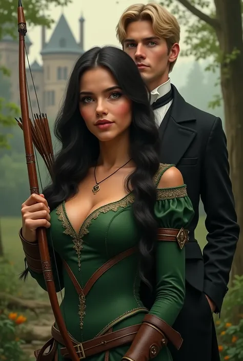 Beautiful 20 year old woman of Apache and English descent, ( very realistic ) Victorian era black hair, cinnamon skin and green eyes perfect face [( very fine and very innocent) ]and a body of perfect curves and big breasts. Dressed in a Robin Hood costume...