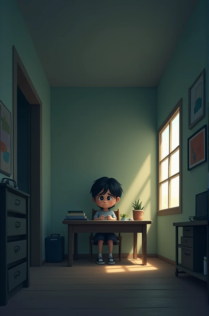 A 2D animated character sitting alone in a dim room, at a simple desk. The room is mostly empty, with only a few personal items. The character’s face shows sadness and loneliness, and the lighting is soft and muted, creating a sense of isolation.