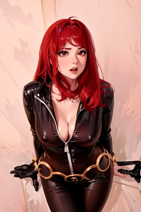 The image depicts a girl with bright red hair dressed in a sleek skin-tight shiny black latex bodysuit with a deep-cut zipper neckline revealing a large chest, the silver zipper running down the front. The suit is complemented by a belt of shiny golden cir...