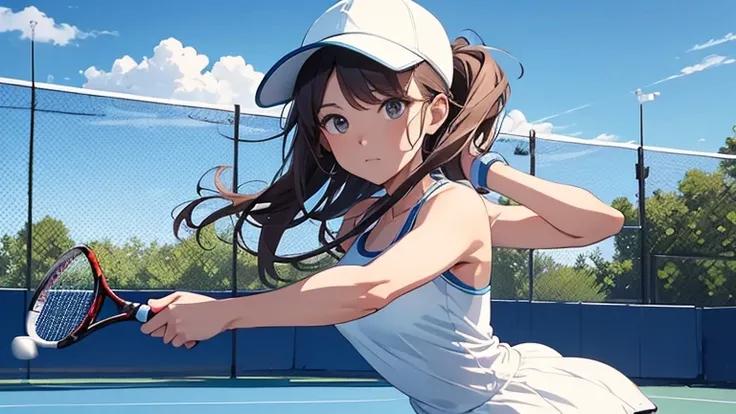 On the tennis court、Please draw an illustration of a woman holding a tennis racket and powerfully serving the ball.。The woman has a concentrated expression、It shows dynamic movement.。The background features a blue sky and court lines.。