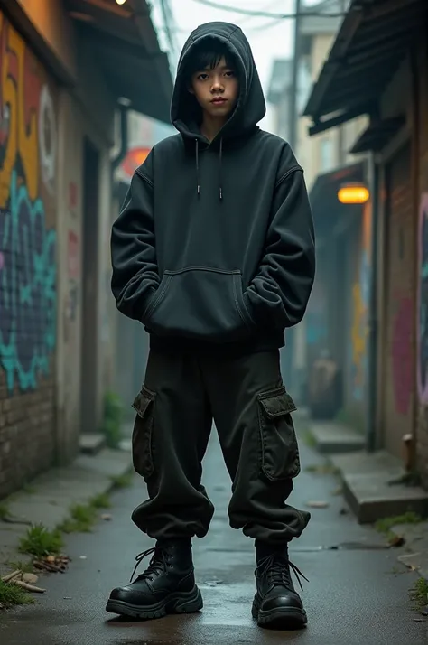 Asian teenager boy in baggy street gangster clothes full body picture