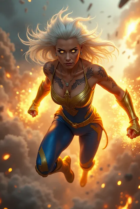 female superhero, tattooed, white hair, cape, gold blue super hero costume, blue skirt, flying heroically, cinematic shot, windy, heat vision, destruction, rage, heat vision projected from eyes, glowing eyes