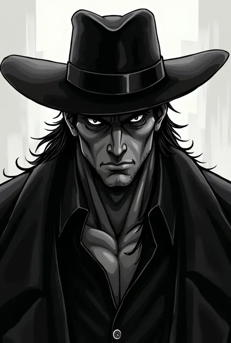 Male JoJo character Black, grey, silver, and white. Menacing cowboy with a piercing predatory gaze