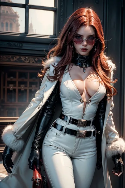 [cowboy shot], a beautiful young woman with long red hair, detailed facial features, ((wearing high quality high waist black leather pants)), ((a formal white colored top with cleavage and long sleeves)), ((a white fur coat on shoulders)), ((luxury waist b...