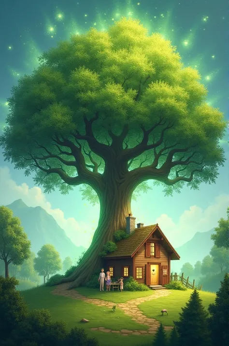 A big tree of life with aan aura of a power shield,  shielding a happy family in a house from  harm of viruses, bacteria, germs and anything that will make them sick