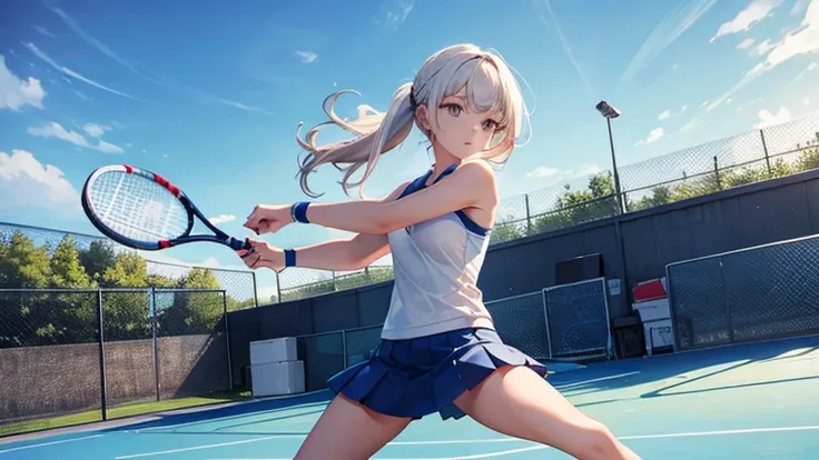 On the tennis court、Please draw an illustration of a woman holding a tennis racket and powerfully serving the ball.。The woman has a concentrated expression、It shows dynamic movement.。The background features a blue sky and court lines.。