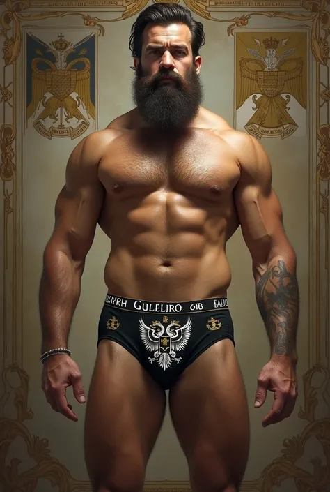 Strong bearded and hairy mixed race man wearing underwear printed with a black and white flag with a double-headed eagle and a crown, holy roman empire, prussia, Austria, austro - hungarian, of the Duchy of Lithuania, imperial russia, [ digitl art, German,...