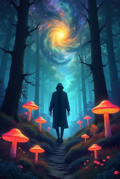 Create the image of some human being or some humanoid. You don&#39;t need to show the face. It can be the silhouette of that person in a colorful forest of mushrooms and above it a direction as if the person were going into space with psychedelic images of...